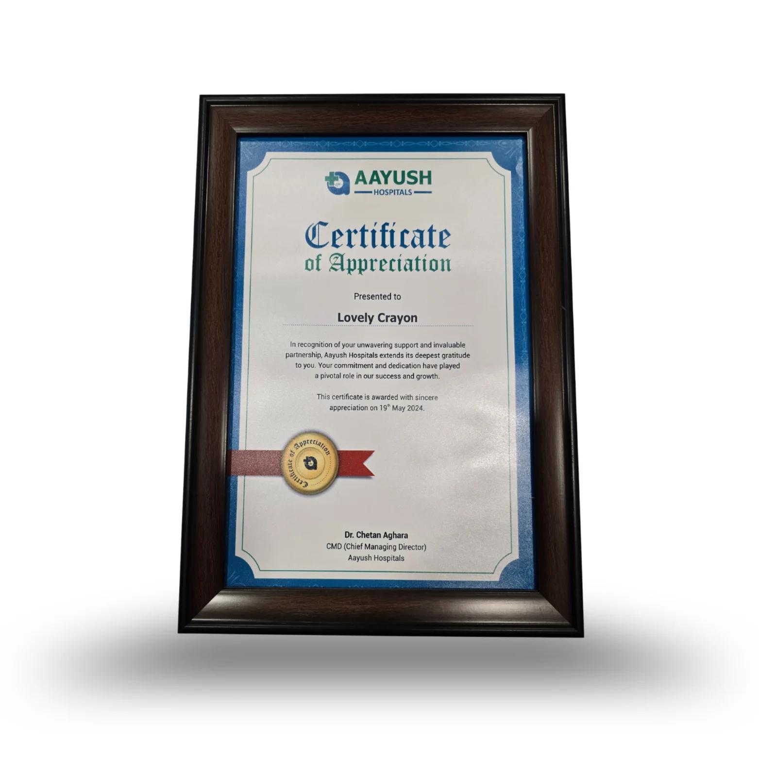 CERTIFICATE OF APPRECIATION - AYUSH HOSPITAL